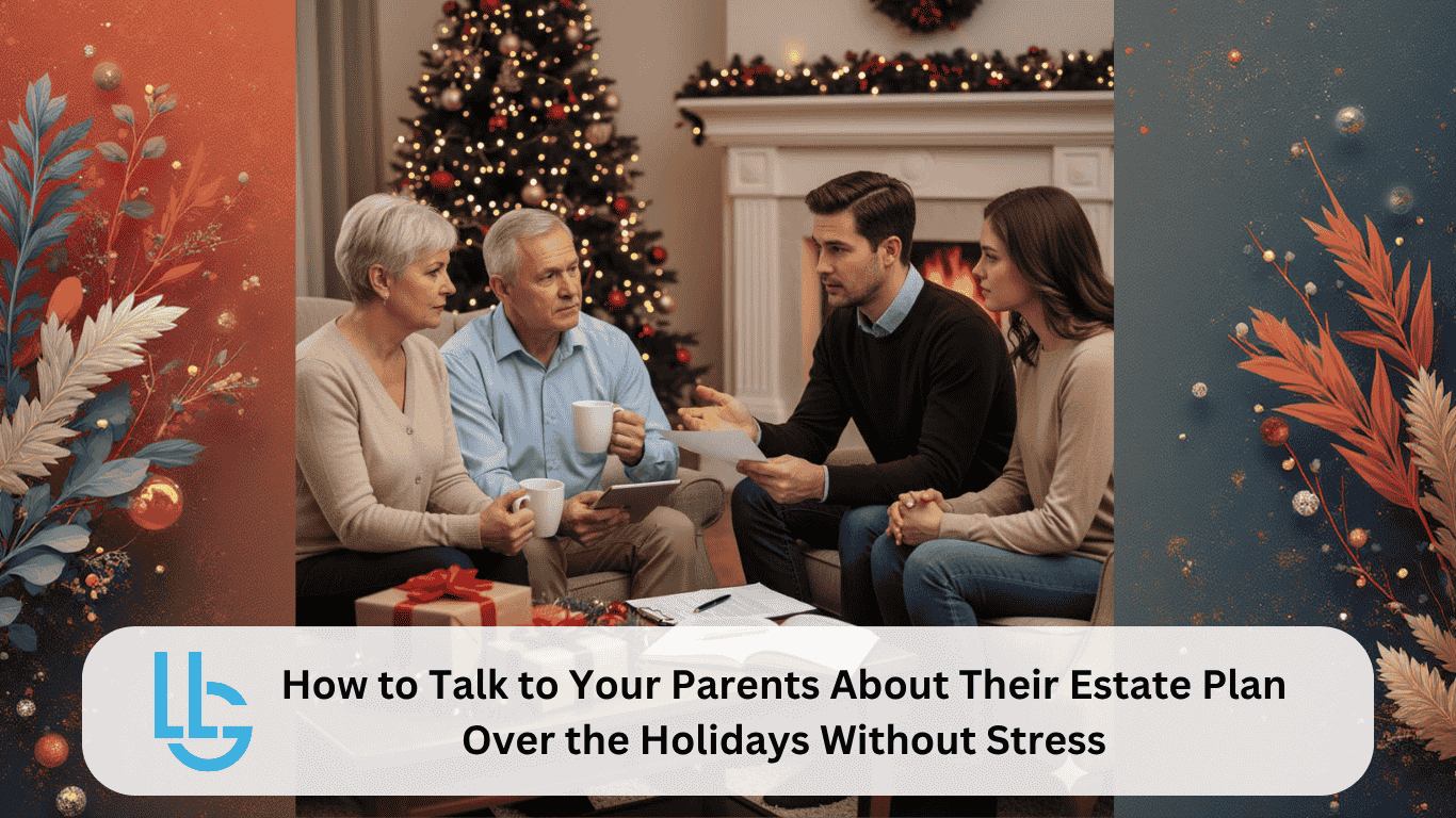 Family having holiday estate planning discussion with parents over coffee near decorated Christmas tree