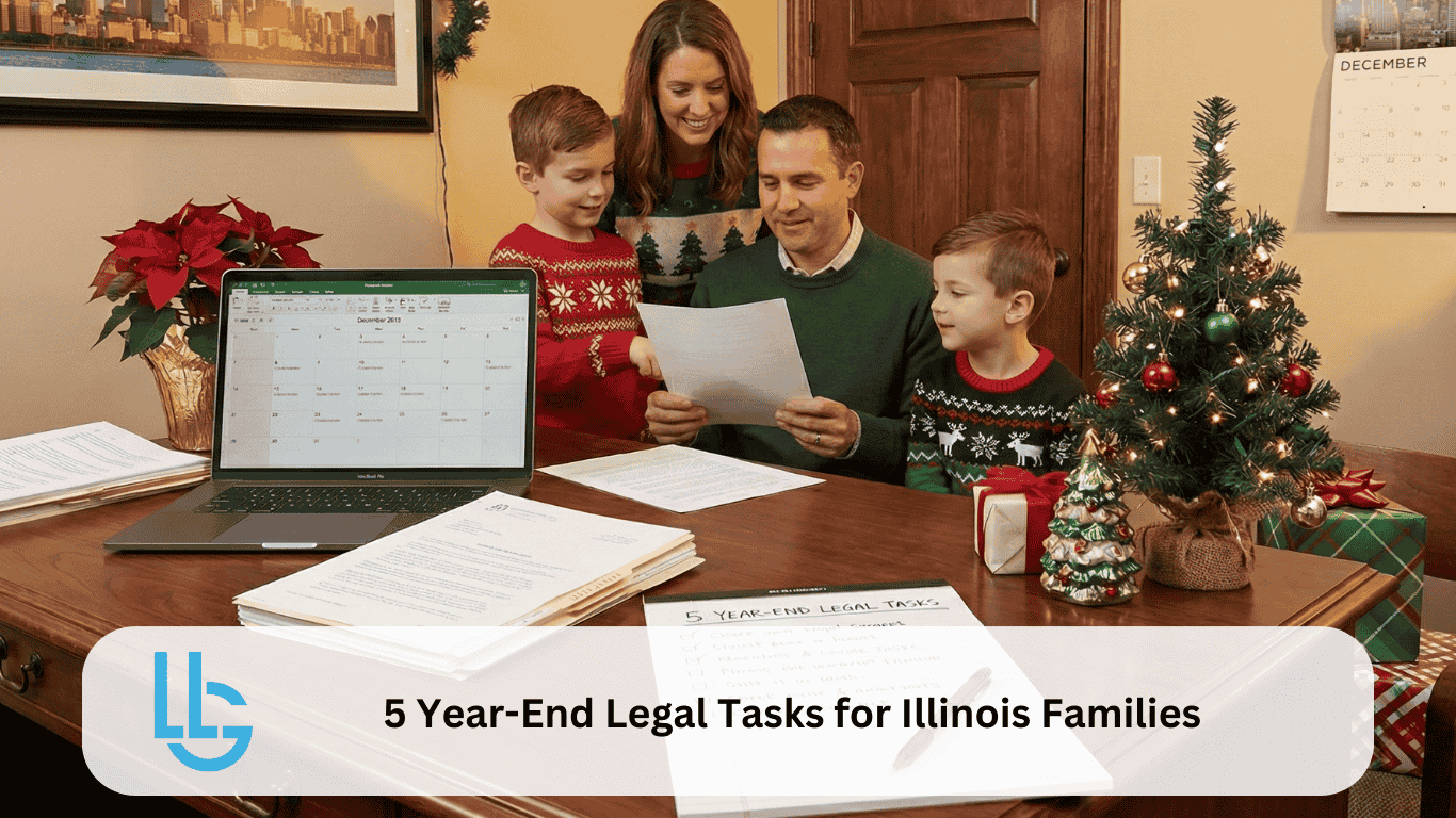 "Illinois family in holiday sweaters reviewing year-end estate planning documents and legal checklist at home in December