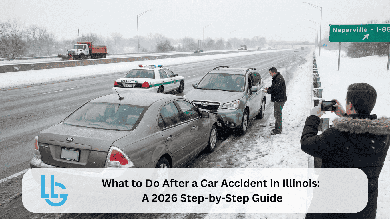 Driver documenting winter car accident scene on I-88 in Naperville, IL, with police responding – Long Law Group 2026 Accident Guide.