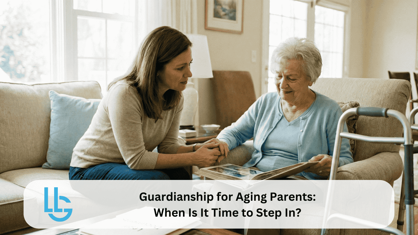 An adult daughter holds her elderly mother's hand as they look through a photo album together in a sunlit living room, with a folder labeled "Legal Documents" on the coffee table and a walker nearby.