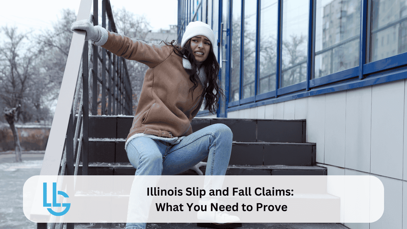 Woman slipping and falling on icy outdoor stairs in Illinois winter weather demonstrating premises liability