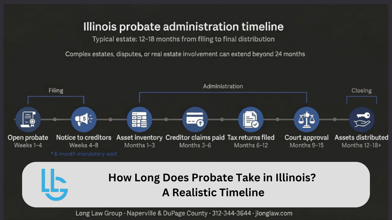 Illinois probate administration timeline infographic showing 7 phases from filing to asset distribution — Long Law Group Naperville