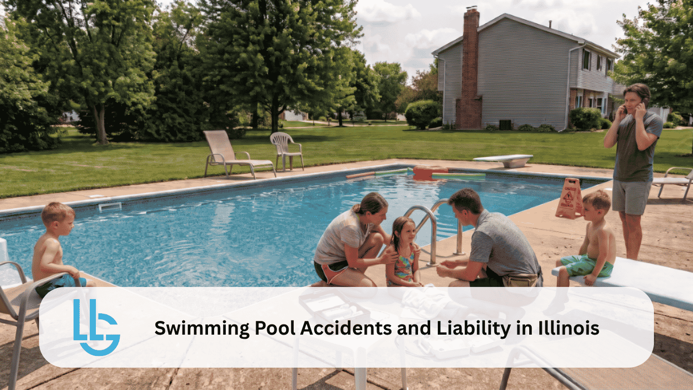 Swimming Pool Accidents and Liability in Illinois Adults tending to a young girl after a backyard swimming pool accident in Illinois while a man calls for help, illustrating swimming pool liability