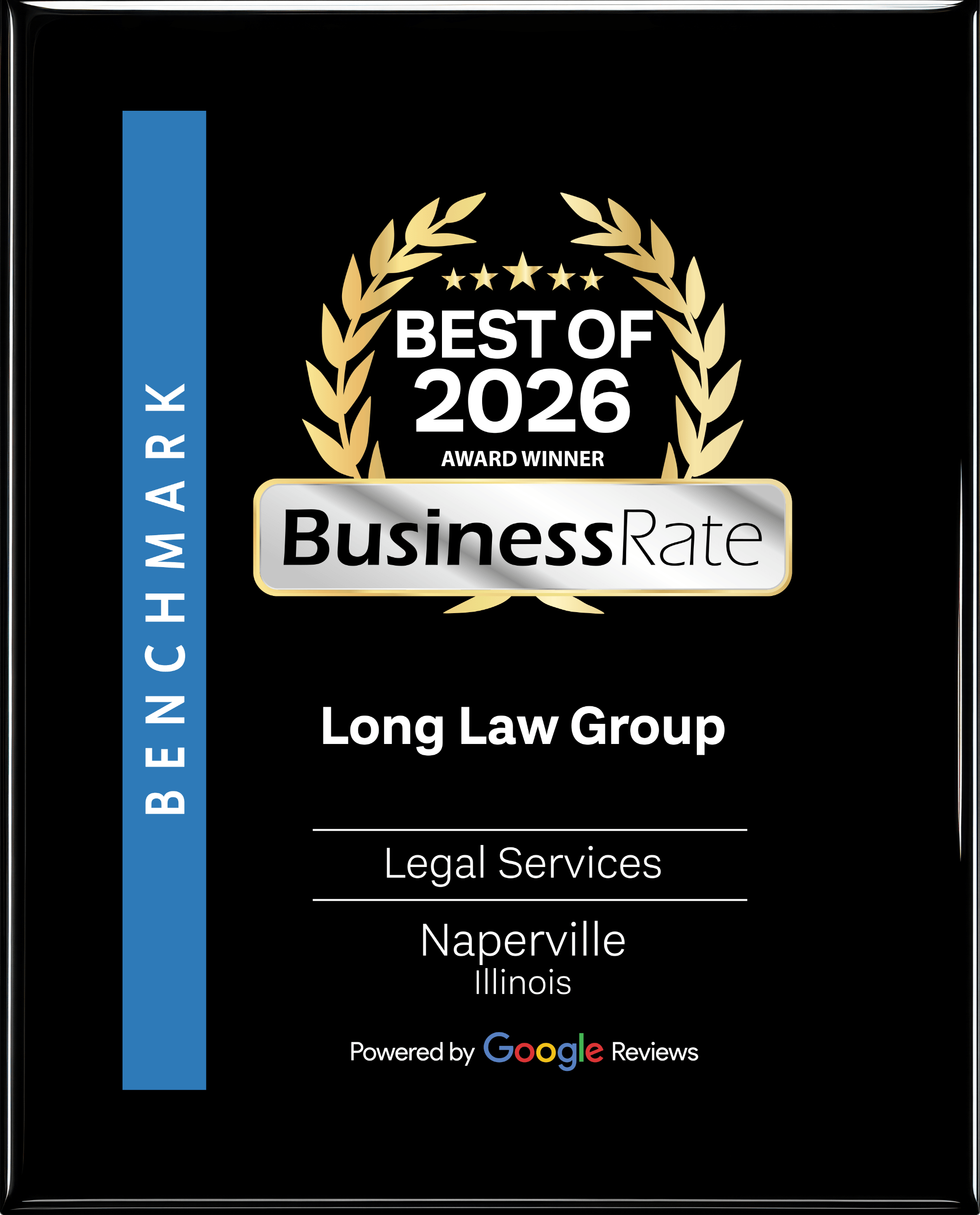 Best of 2026 award Naperville law firm plaque presented to Long Law Group by BusinessRate