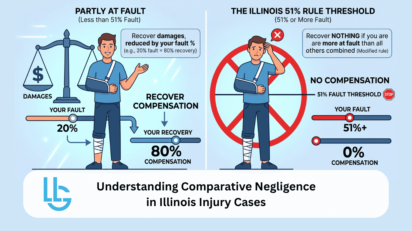 Illinois Comparative Negligence: The 51% Fault Rule | Long Law Group Illinois comparative negligence infographic: at 20% fault you recover 80% of damages; at 51% fault or more you recover nothing